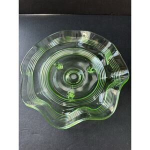 Vintage Uranium Glass Footed Depression Glass Candy Trinket Dish Ruffled Glows